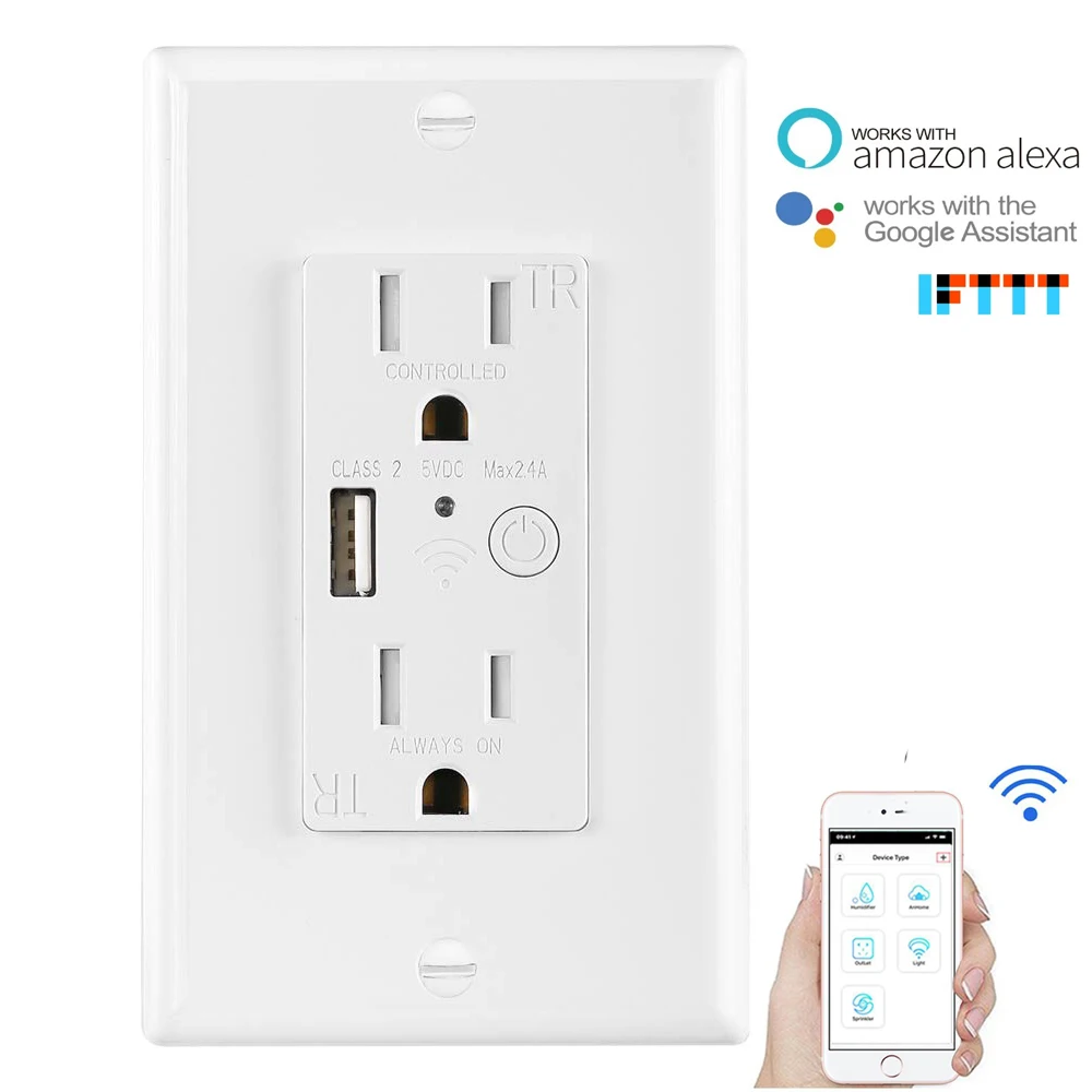 Интеллектуальная беспроводная(Wi-Fi) usb-розетки США Электрический 2 Way розетки 10A 5V 2.4A USB Порты и разъёмы Зарядное Устройство удаленного Управление Изготовитель: Tuya APP Alexa Google Home