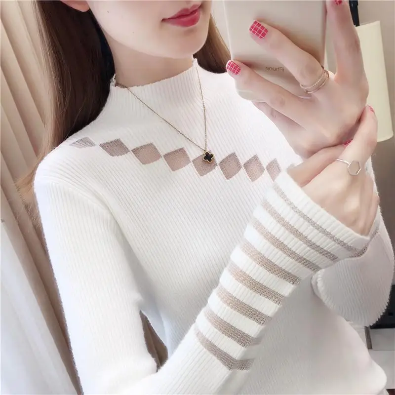 2020 Autumn And Winter New Half-high Collar Knit Long-sleeved Female Korean Version Of The Gauze Heart Machine Bottoming Shirt | Женская