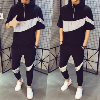 

Tracksuit Patchwork Hip Hop Sweatshirt pant Male Casual 2 Pieces Track Suit Sportswear Set Spring Hoodies Short Sleeve Set Men