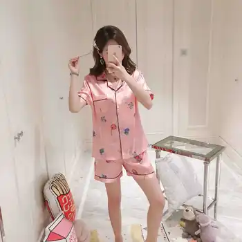 

Summer Short-sleeved Shorts Multi-color Lapel Pajamas Set Fashion Imitation Silk Ladies Printed Short 2 Piece Sets Pizhaya Women