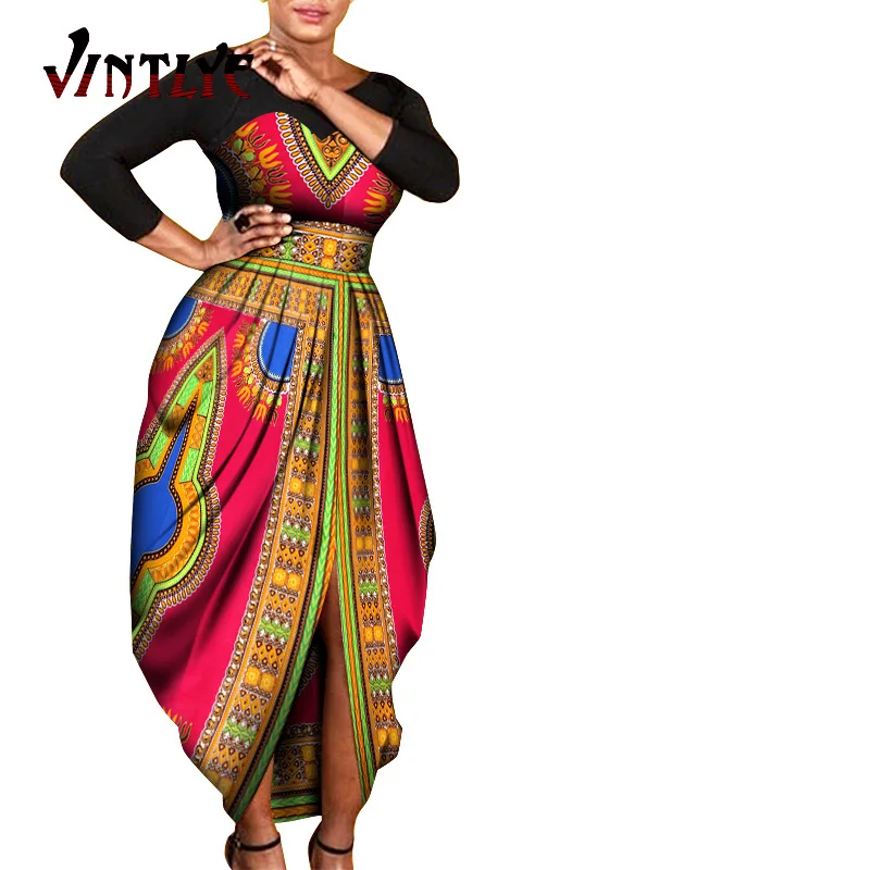 Summer African Dresses For Women Plus Size Kente Style Dashiki Abaya Printed Lady Loose Pleated Skirted Dresses Robe Wax W589