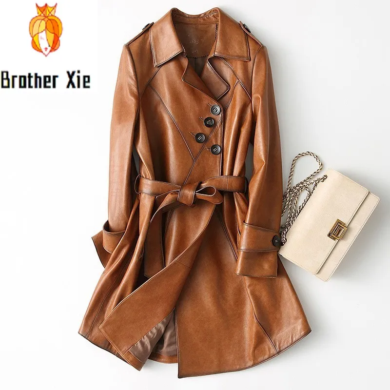 

High Quality Genuine Leather Womens Medium Length Trench Coats Long Sleeve Irregular button Sashes Slim Fit Office Ladies Coats