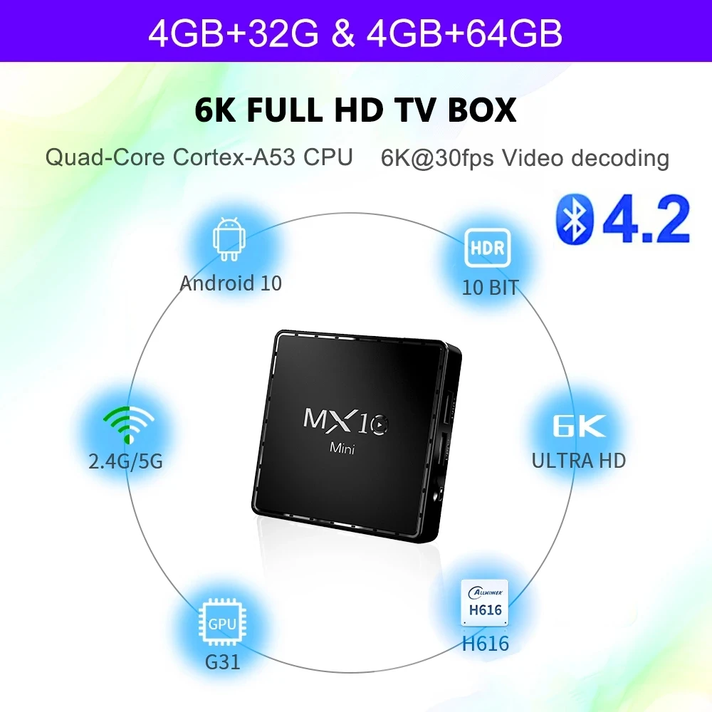 MX10 Mini TV Box Android 10 Fast Set top box 2.4&5G Dual wifi 6K Smart  Android