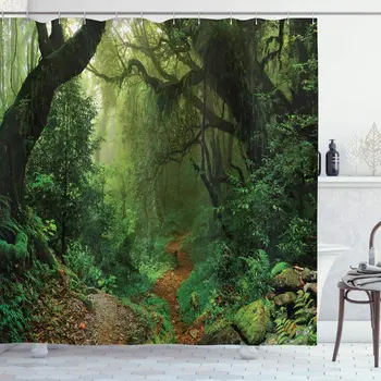 

Green Brown Rainforest Shower Curtain Forest Nepal Touristic Trekking Branches Misty Road Fresh Air Outdoors Theme