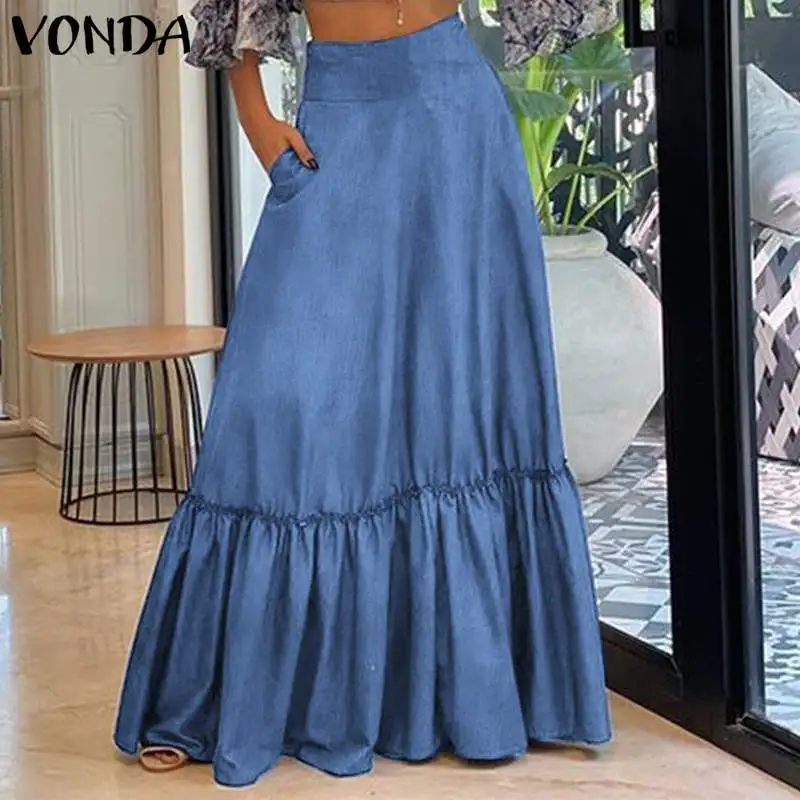 VONDA Women Skirts Vintage High Waist Floor Length Skirts Office Lady
