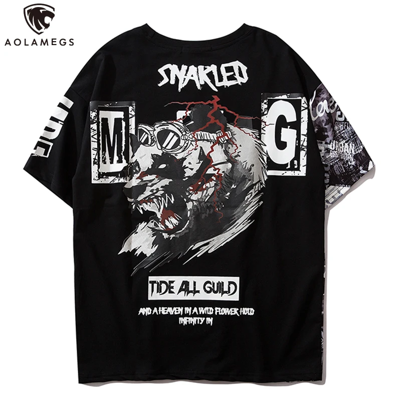 

Aolamegs Men's T Shirt Terror Bear Print Casual High Street Retro Harajuku Style Patchwork Lovers Advanced Streetwear Summer