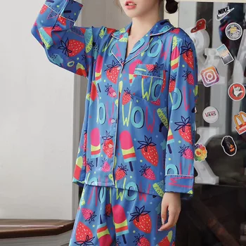 

Grils Spring Pajama Suit Single-Breasted Lapel Full Length Indoor Sleep Top Sleep Bottom Cartoon Print Simple Loungewear