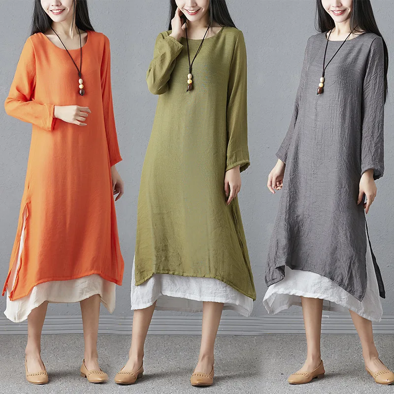 

Spring Cotton Linen Dress Origional WOMEN'S Dress Literature And Art Retro Loose Large Size Long Sleeve Long Skirts Women's