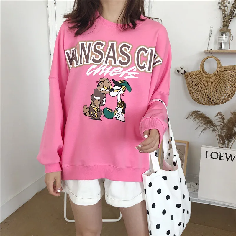 

Korean Autumn Clothes Pink Sweatshirt Women Streetwear Cotton Cartoon Pullovers O-Neck Oversized Sweatshirts Pullover Yellow