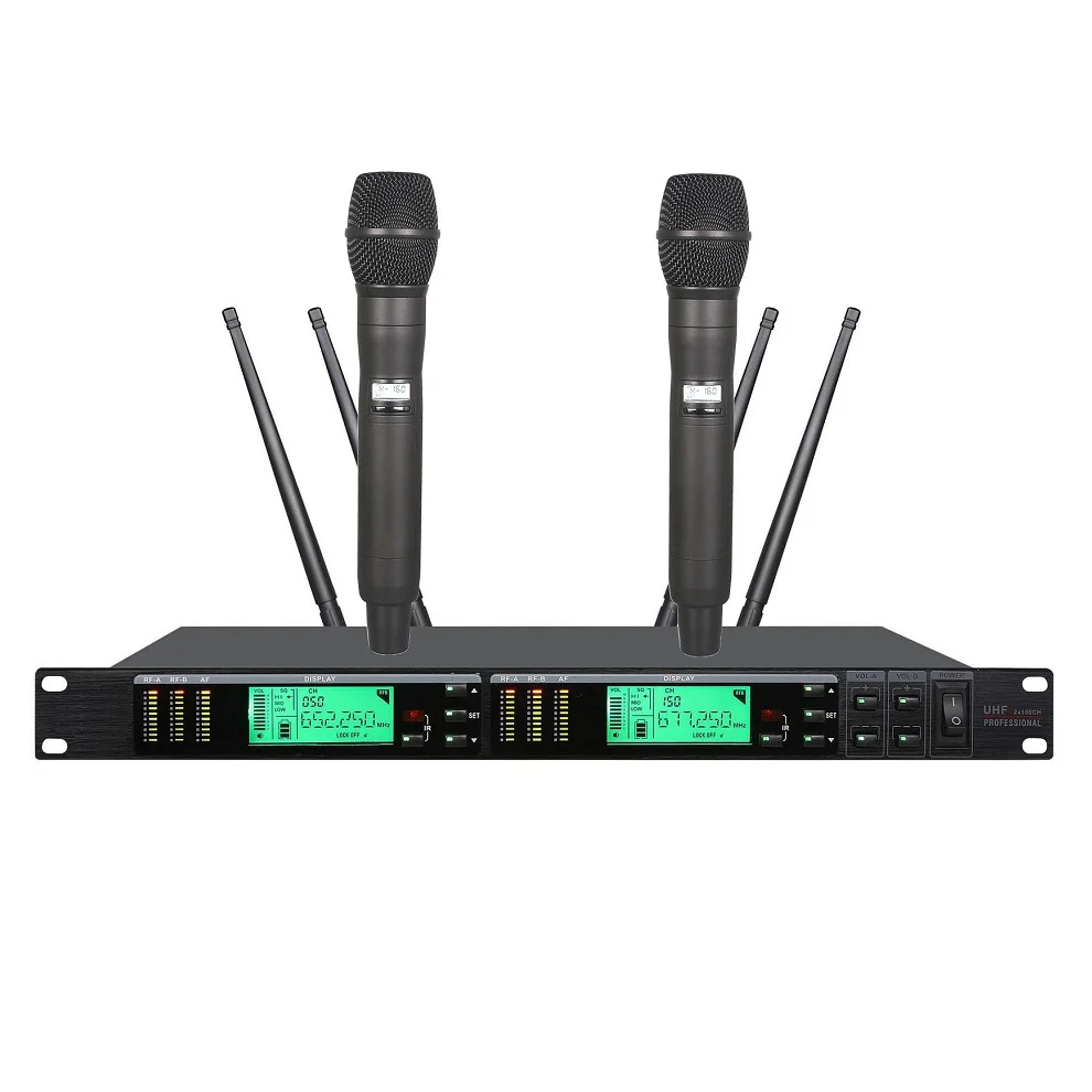 

Dual Wireless Microphone Long Range UHF True Diversity Stage Performance Microphone