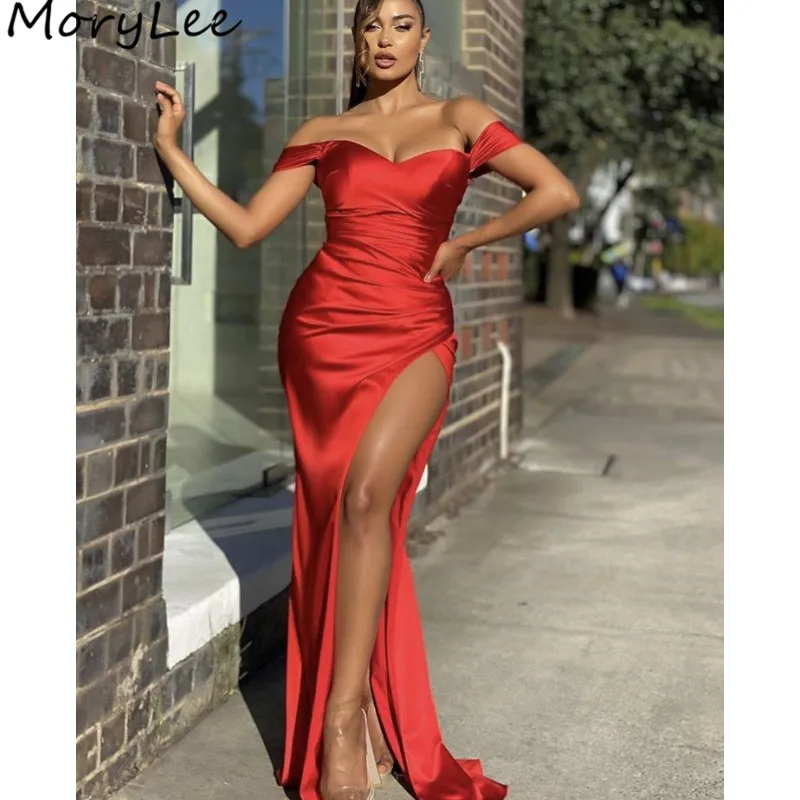 

Prom Dresses Red Sweetheart Sweep Train Side Slit Spandex Satin Mermaid Prom Dresses Zipper Back vestidos de fiesta de noche