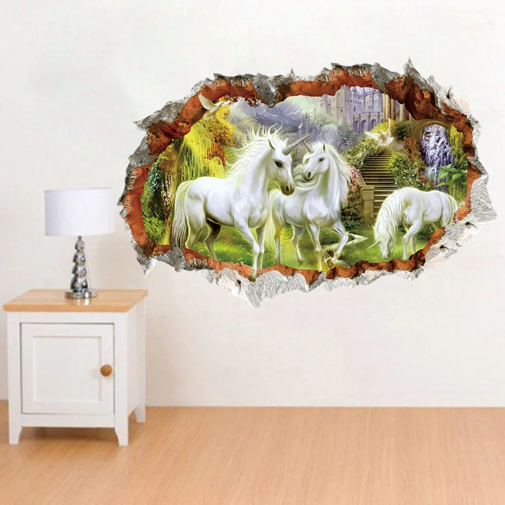 

Home Decor 3D Wall Stickers White Horse Waterproof Broken Effect Decal Wall Art Animal Wall Mural Wall Sticker Background Room