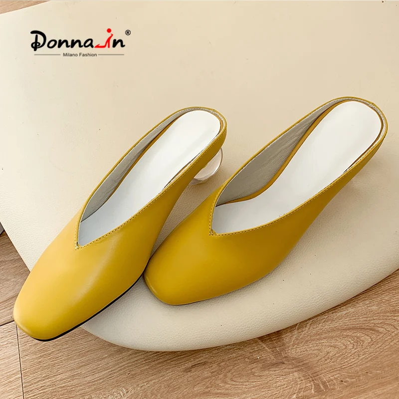 

Donna-in Genuine Leather Mules Shoes Women Slippers Summer Closed Toe Crystal Heels Leisure Female Slippers Outdoor White Yellow