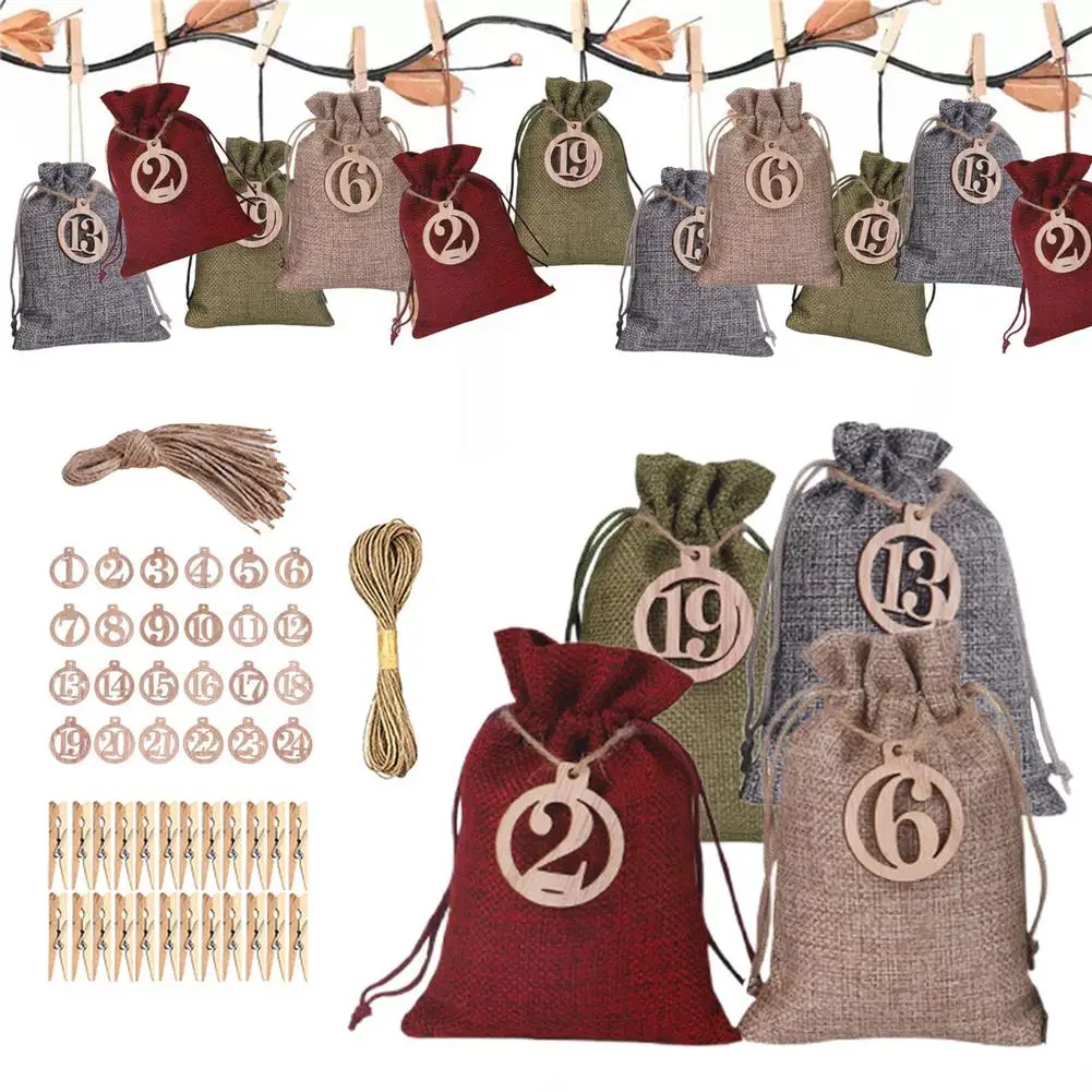 24pcs DIY Numbers Bag Christmas Advent Calendar Ornament Christmas Gift Bags Calendar Countdown Bag Candy Storage Pouches