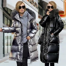 

Parka Jacket Women 2021 Winter New Glossy Down Cotton Coat Europe and America Long Thick Warmth Fur Hooded Jackets Loose Slim