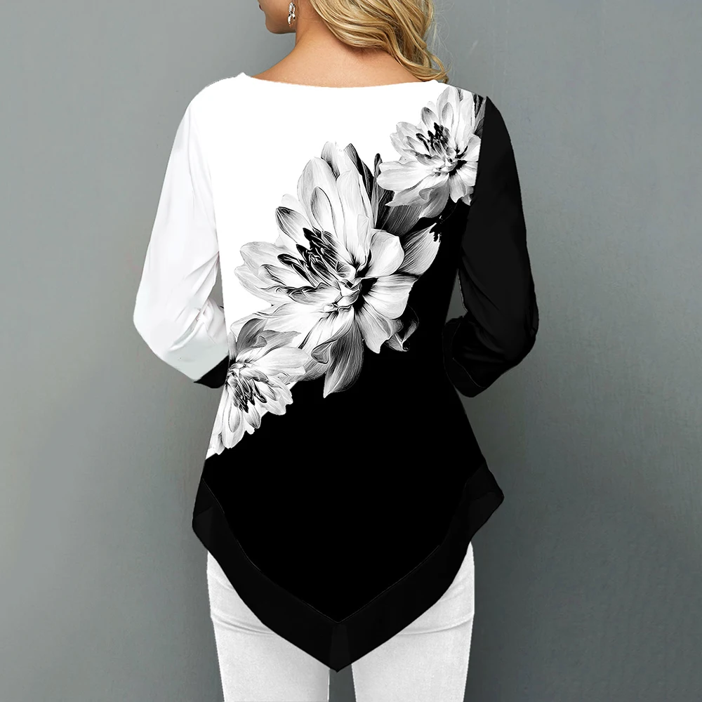 Floral Printed Women Shirt Asymmetric Hem Autumn Blouse Shirt For Woman Flower Print Tops O Neck Blusas Fashion Female Camisa Floral Printed Women Shirt Asymmetric Hem Autumn Blouse Shirt For Woman Flower Print Tops O Neck Blusas Fashion Female Camisa