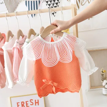 

Round Collar Sweater Knit Princess Two-piece Sets Hot Style Children's Clothing New Tide Color Long Sleeve Spring Baby Girls