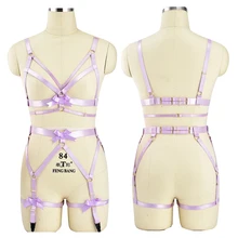 Романтическое фиолетовое белье на бретельках с бантом, Комплект подвязок в стиле панк, готическое сексуальное нижнее белье, для всего тела, бандаж, эластичный бюстгальтер в клетку, свадебный пояс