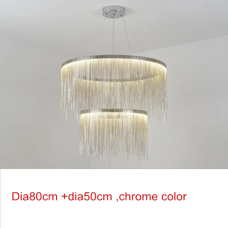 Dia80cm x Dia50cm Современная атмосферная цепь, светодиодные подвесные светильники, серебряная круглая лампа с кисточками, алюминиевая цепочка, Подвесная лампа для гостиной, отеля, люстры - Цвет корпуса: Dia80cm x Dia50cm