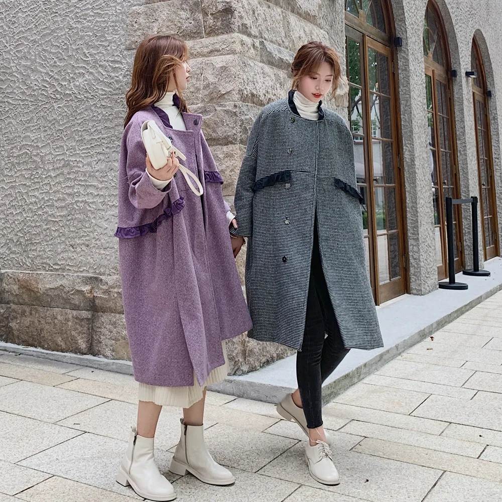 

Photo Shoot Oversize Loose Woolen Jacket Women's 2019 Autumn And Winter New Style Retro Laziness-Style Frilled Duffle Coat