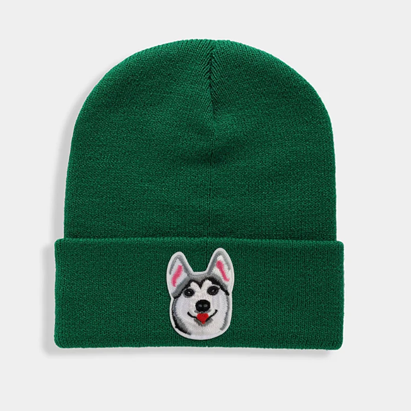 Huskies Hats Fashion Patches Sweet Beanie For Unisex Winter Brimless Stretchy Bonnet Solid Color Outdoor Cap Knitted Beanie - Цвет: Зеленый