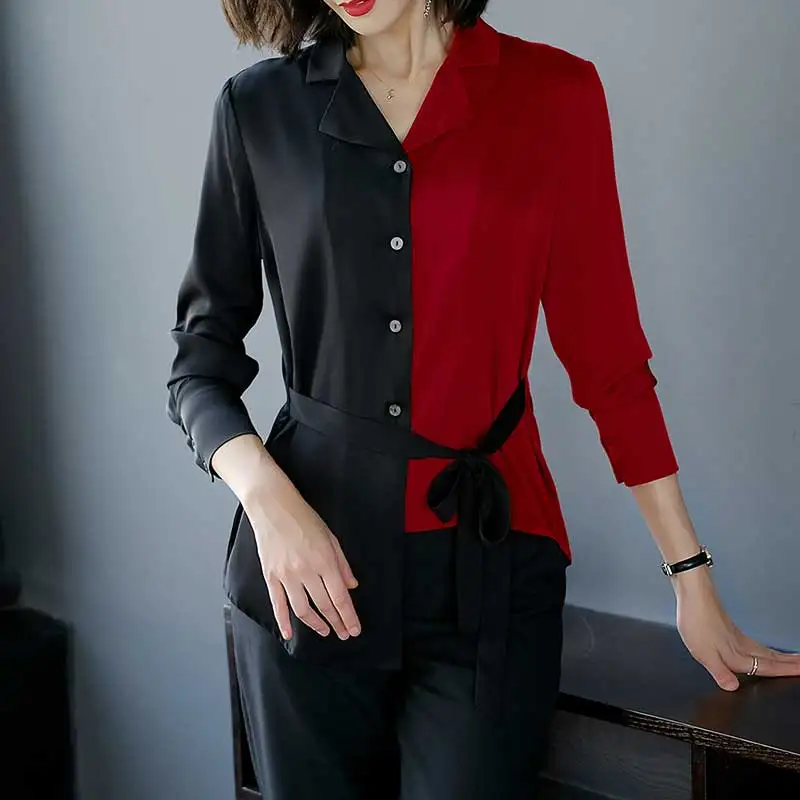 Black and red Модная женская блузка Топ Femme женская рубашка плюс размер отложной воротник женские рубашки с длинным рукавом элегантные женские блузы - Цвет: Black and red