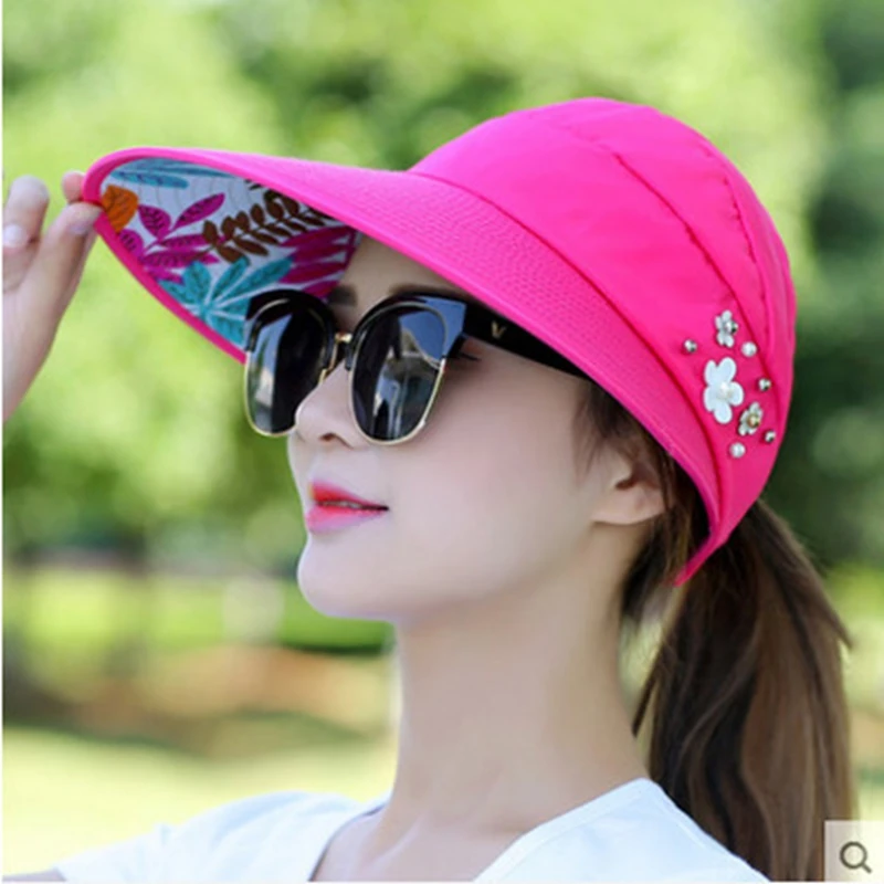 Summer Women Sun Hats with Flower Pearls Wide Brim Foldable Floppy Cap  Outdoor UV Protection Female Ponytail Beach Hat