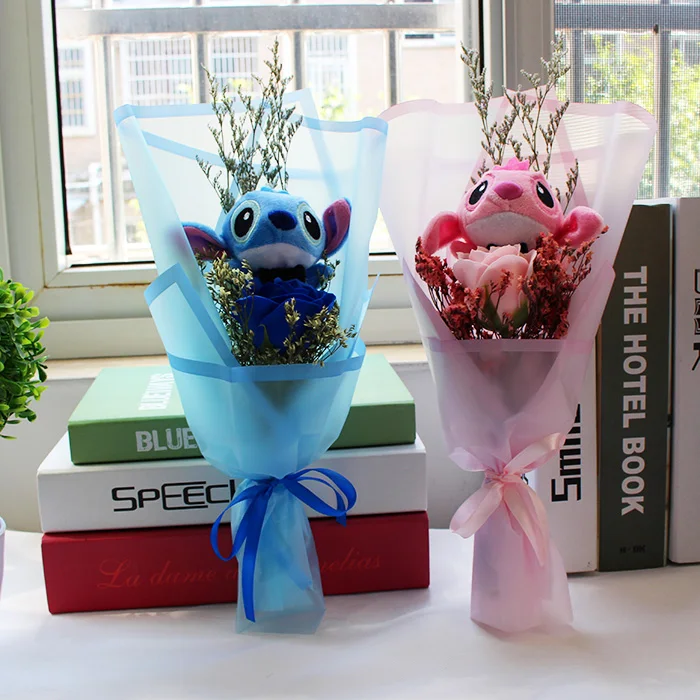 

Promotion 2 colors Stitch Festivals Gift Bouquet with Fake Flowers For Valentine's Day Wedding Party Decora