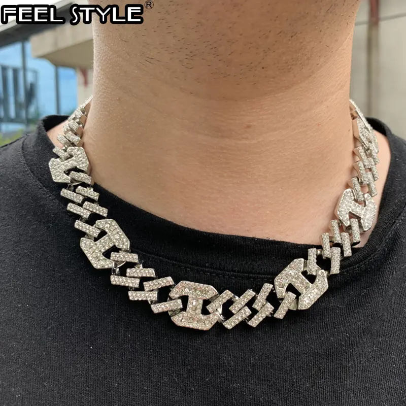 

Hip Hop 17MM Bling AAA+ Iced Out Alloy Rhinestones Box Clasp Coffee Bean Prong Cuban Link Chain Necklace For Men Choker Jewelry