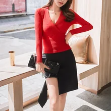 Высококачественная Женская Повседневная однотонная трикотажная туника, топы, тонкие рубашки с длинным рукавом и v-образным вырезом, Клубные свитера X85