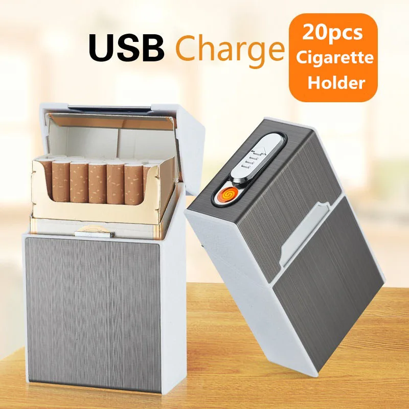 

Metal Cigarette Case With USB Electronic Lighter 20pcs Cigarette Holder Box Electric Plasma Arc Lighter Novelty Gifts for Men