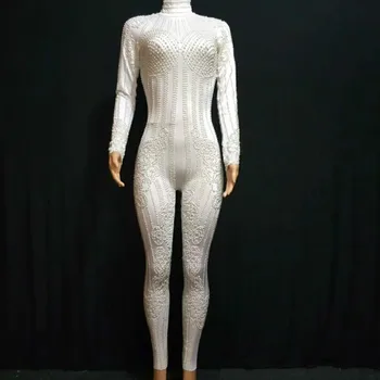 

Stage Bodysuit Costume New Sexy 3D Print Pearl Fashion Rhinestone Jumpsuit Nightclub Bar DJ Dancer Performance Suit Women Jazz