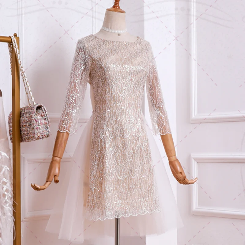 Pinkoz Высокое качество белые короткие вечерние платья vestido Половина рукава o-образным вырезом сетки лоскутное асимметричные вечерние элегантные платья