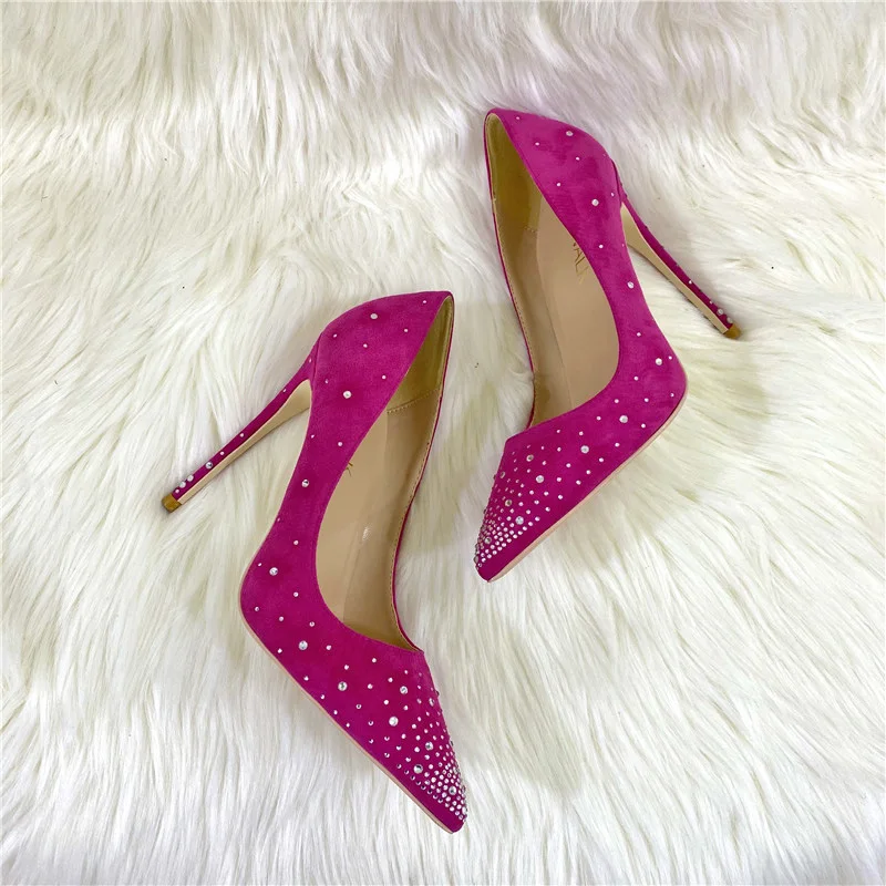 Ke Shang Jia Rose Pink Flock Women Rhinestones Pointed Toe Stiletto Pumps Elegant Suede High Heel Wedding Party Shoes Size 33-46