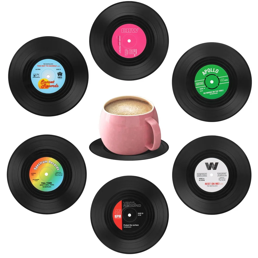 

6Pcs/set Coffee Drink Cup Mat Retro CD Modeling Placemat Table Cup Mat Drink Coasters Non-slip Insulation Pad Home Decor