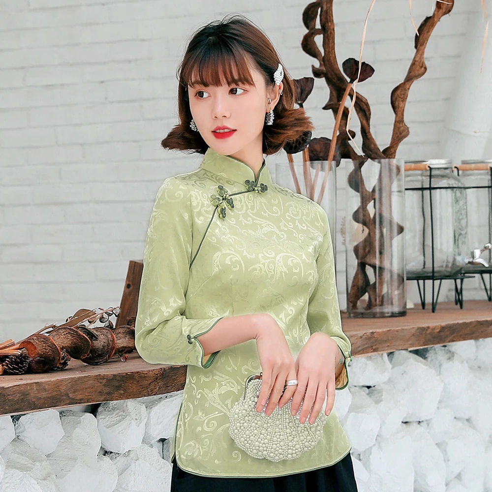 Elegant Satin Chinese Women Mandarin Collar Shirt Novelty Green Printed Blouse Half Sleeve Classic Handmade Button Tops