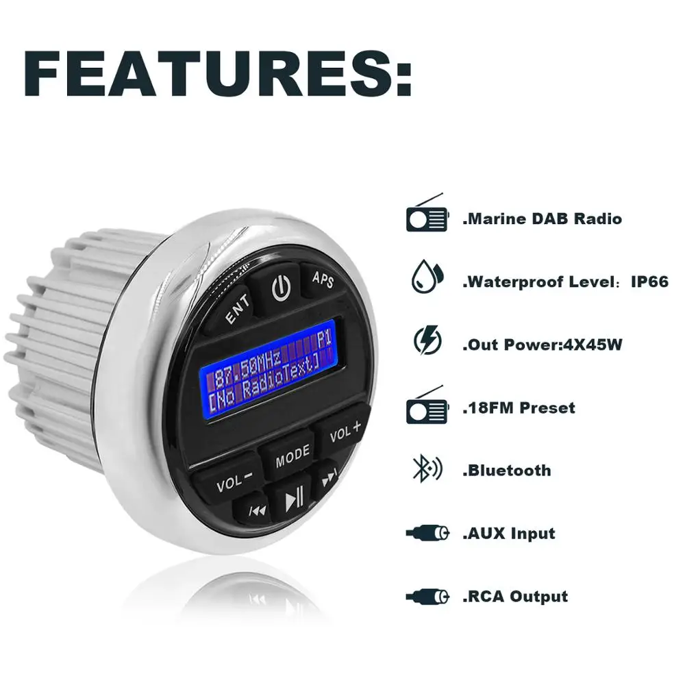 US $199.62 Waterproof Marine Radio Audio Stereo Bluetooth DAB FM AM Media Receiver Car Motorcycle MP3 Player65 Marine SpeakersAntenna