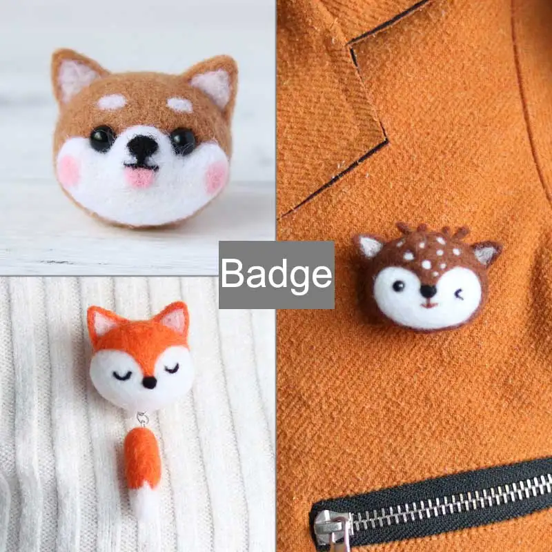 Non finished Handmade Wool Felting Animal Fox Deer Rabbit Dog Cute Badge Brooch Collar Pin Felting For Scarf Hat Decoration