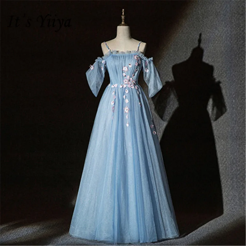 

It's YiiYa Prom Dresses 2019 Boat Neck Short Sleeve Robe De Soiree Blue Ball Gown Floor Length Women Party Night Dresses E853