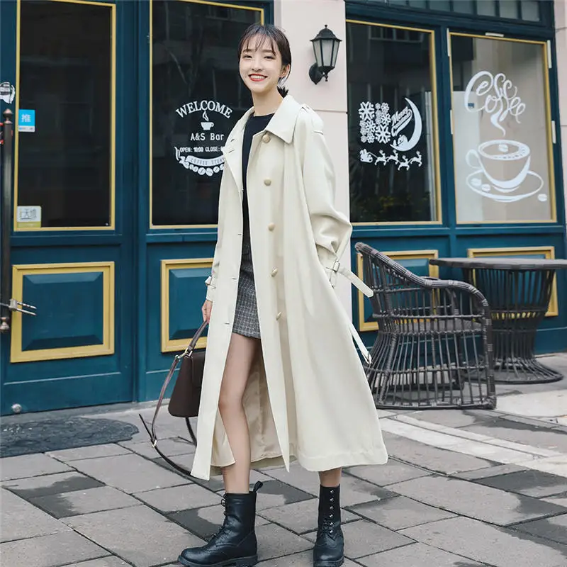 Винтажный Длинный плащ женская одежда Harajuku плюс размер ветровка женский элегантный свободный длинный рукав Женский Тренч s Q1848