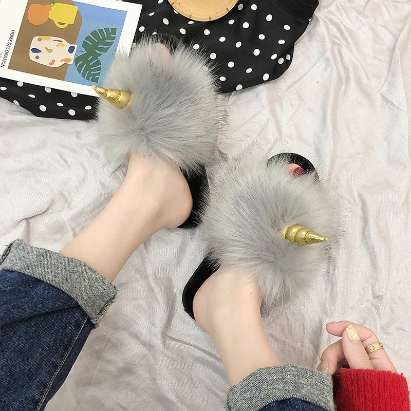 COOTELILI Winter Women Home Slippers with Faux Fur Fashion Warm Shoes Woman Slip on Flats Female Slides Black Christmas Gift