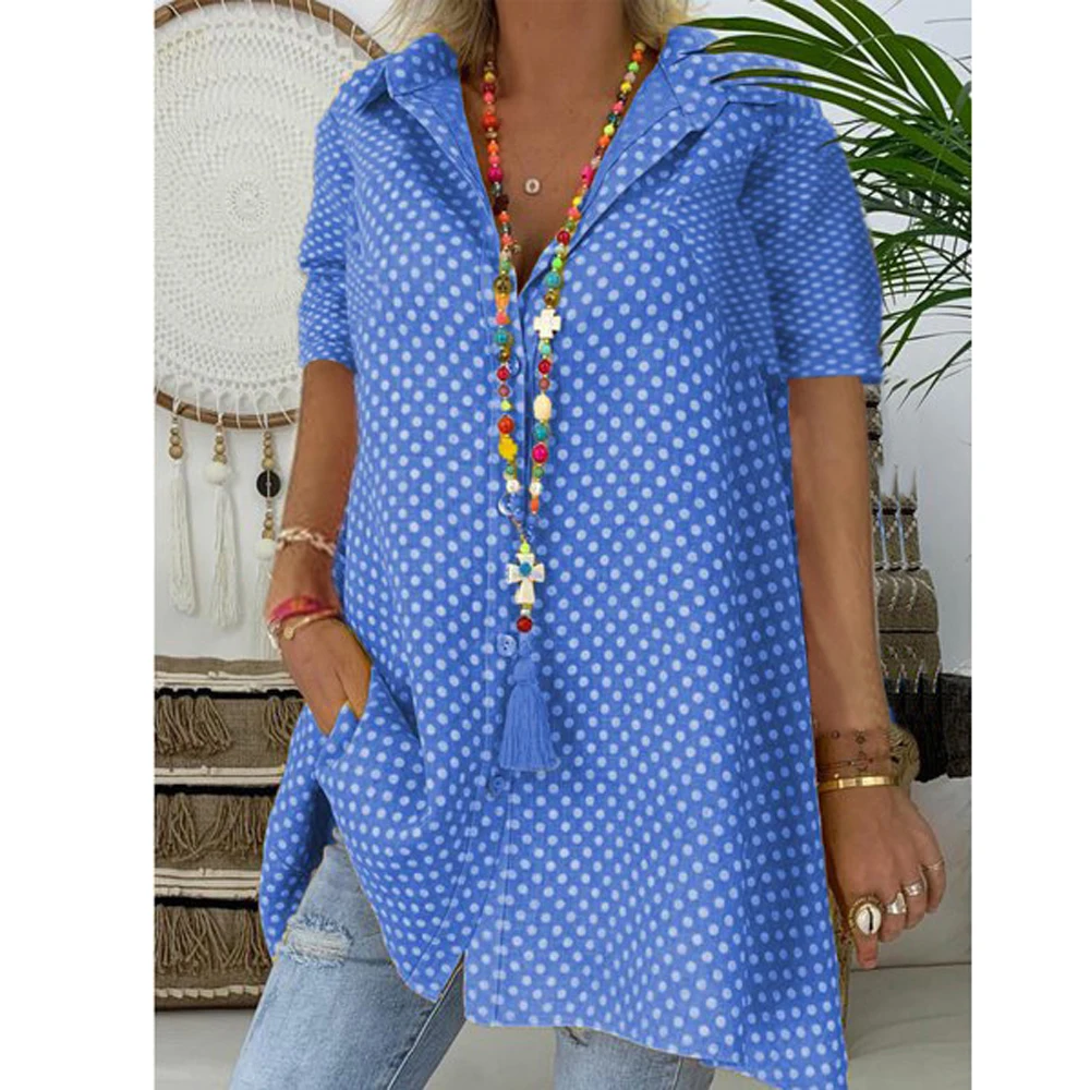 

Summer Dot Polka Printed Blouse Shirts Women Turn Down Collar Short Sleeve Loose Blusas Oversized Blouse Tops Plus Size S-5XL