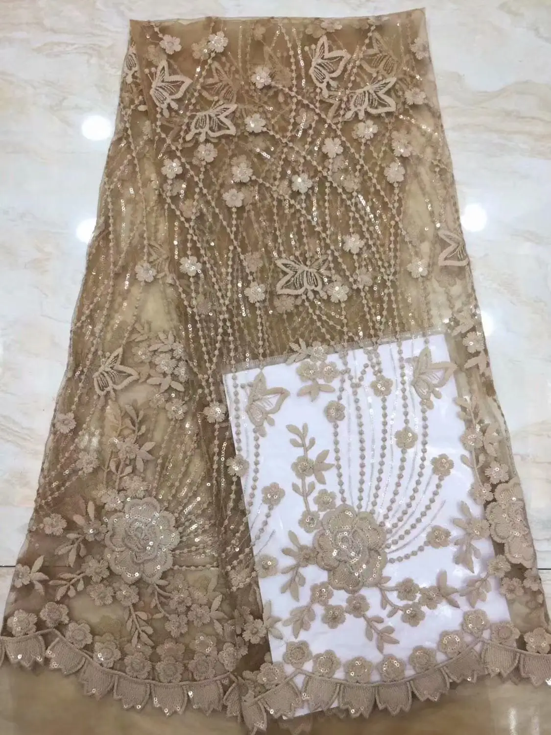 

golden high quality French Nigerian sequins lace,African tulle mesh sequence lace fabric for party dress
