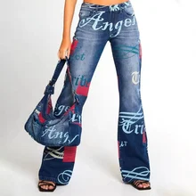 

2022 Women's Letter Print Jeans Fashion Letters Wide Leg Pants Mid Waist Jeans Pantalones Vaqueros Mujer