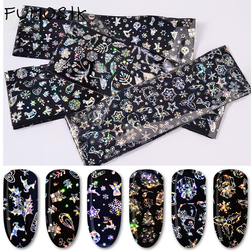 

4pcs Christmas Foils For Nail Holographic Laser Nails Transfer Foil Wraps Sticker Clear/Black Starry Tip Snowflake Elk Set
