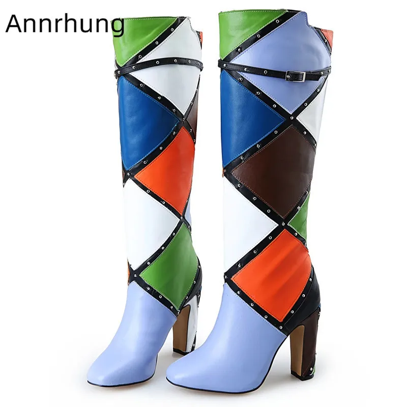 

Checkered Mixed Color Women Boots High Heeled Long Boots Fashion Rivet Decor Catwalk Botas Buckle Strap Patchwork Knee High Boot