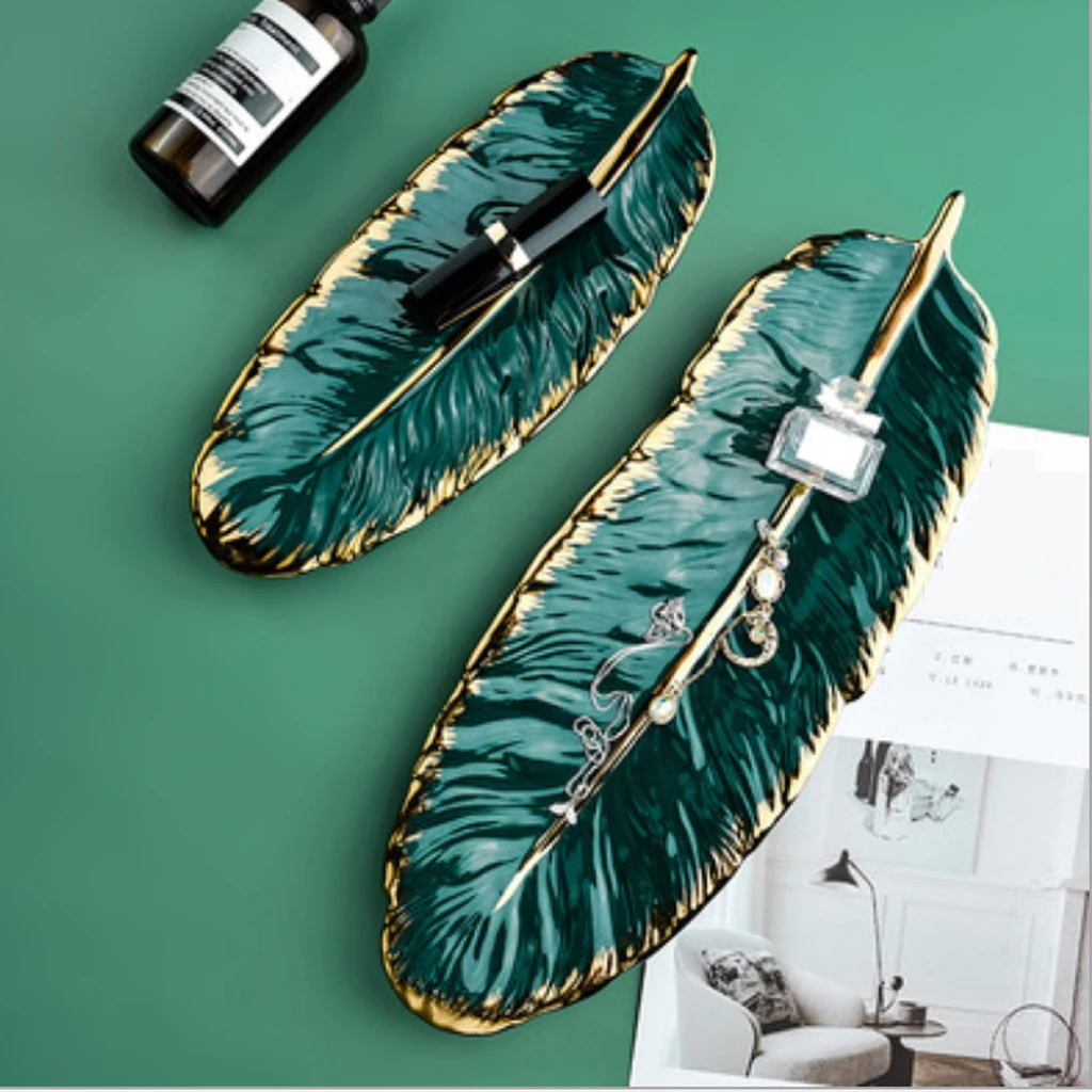 Jewelry Plate Green Golden Leaf Shaped Tray Dish Ceramic Home Decor Ornament