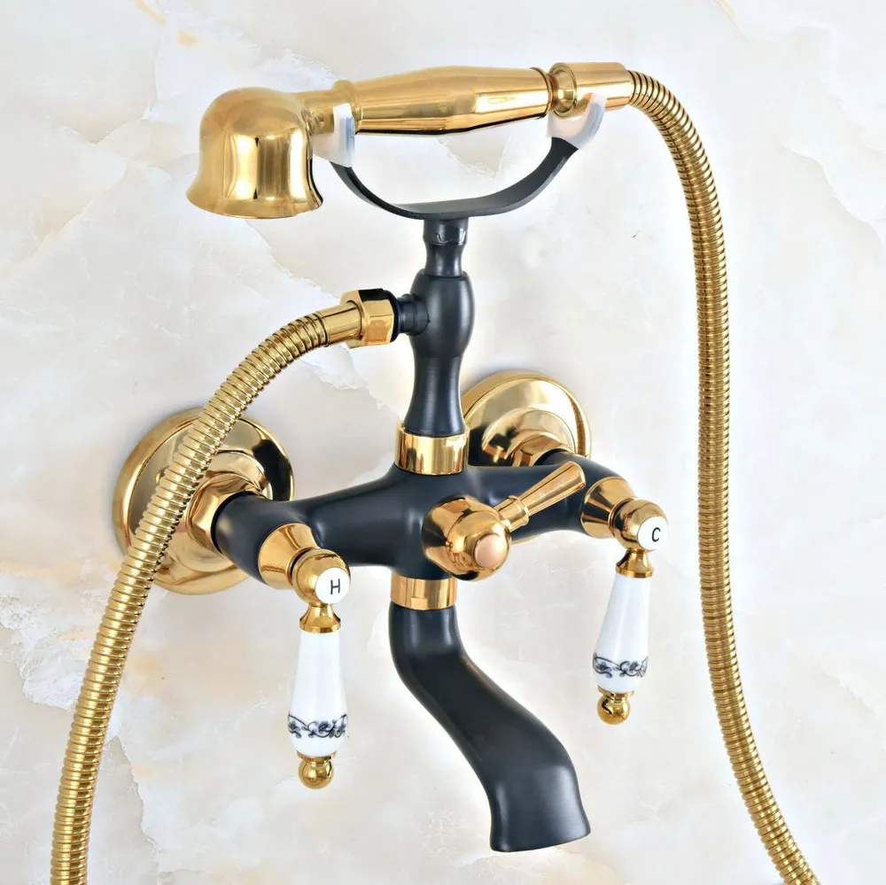 

Gold & Black Brass Wall Mount Bathroom Bathtub Faucet Set WITH/ 1500MM Handheld Shower Spray Head Mixer Tap Dna419