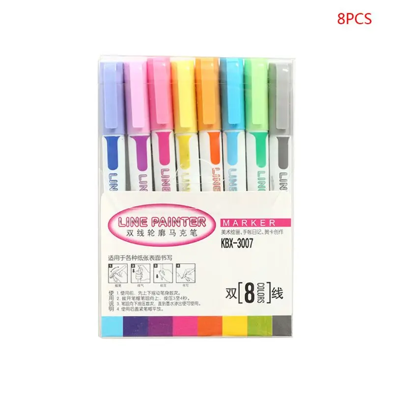 

8 Pcs Colored Double Line Pen Drawing Outline Highlighters Fluorescent Marker