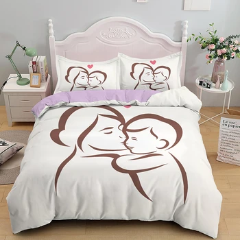 

Sweety Mom And Baby Duvet Cover Simple line Printed Bedding Set Twin Full Single Size With Pillowcase 2/3PCS Bedclothes